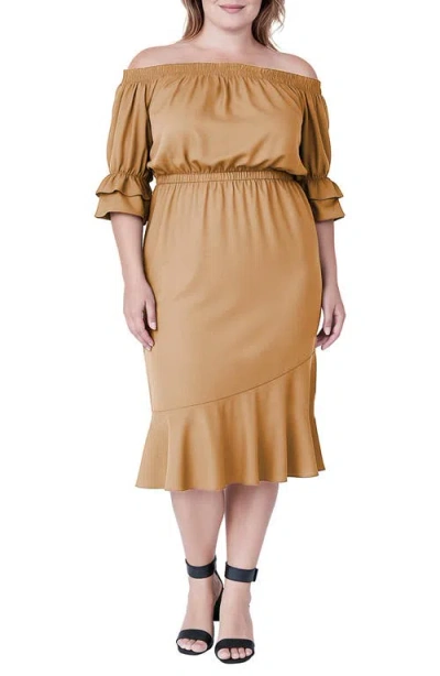 Standards & Practices Off The Shoulder Satin Midi Dress In Brown