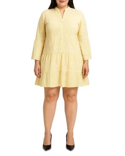 Standards & Practices Plus Bell Sleeve Eyelet Ruffled Hem Tiered Dress In Yellow