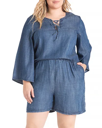 STANDARDS & PRACTICES STANDARDS & PRACTICES PLUS BELL SLEEVE LACE UP DENIM ROMPER
