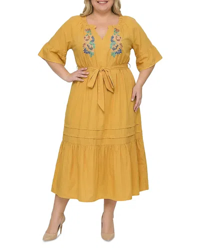 Standards & Practices Plus Boho Embroidered Notched Tie Waist Half Sleeve Midi Dress In Yellow