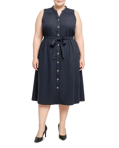 Standards & Practices Plus Button Front Self Tie Sleeveless Midi Dress In Blue
