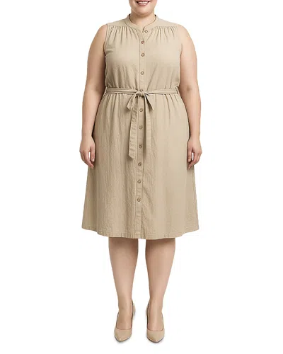 Standards & Practices Plus Button Front Self Tie Sleeveless Midi Dress In Brown