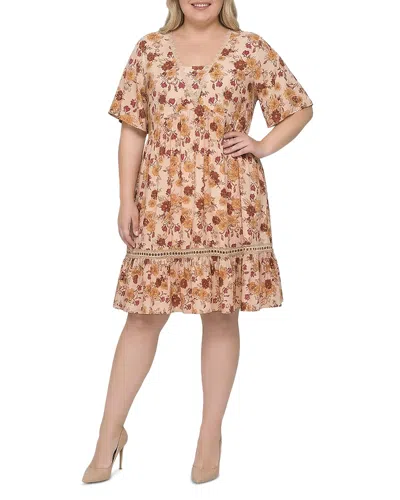 Standards & Practices Plus Floral Crochet Trim Flutter Sleeve Dress In Multi
