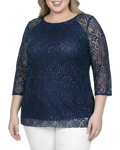 Standards & Practices Plus Floral Lace Sequins Tunic Blouse In Blue