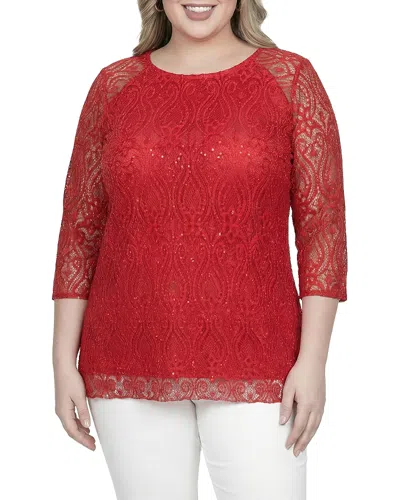 Standards & Practices Plus Floral Lace Sequins Tunic Blouse In Red