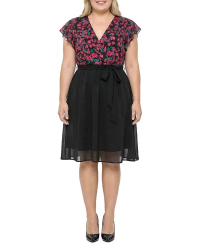 Standards & Practices Plus Floral Top Solid Skirt Flutter Sleeve Dress In Black