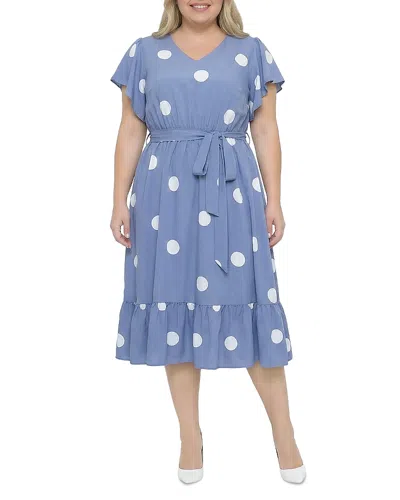 Standards & Practices Plus Polka Dot Belted Flutter Sleeve Ruffle Hem Dress In Blue
