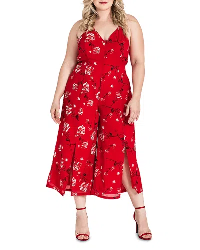 Standards & Practices Plus Red Floral Halter Front Split Capri Jumpsuit