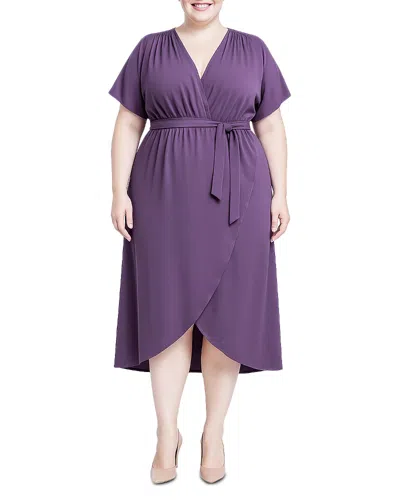 Standards & Practices Plus Size Flowy Tie Front Midi Flutter Sleeve Dress In Purple