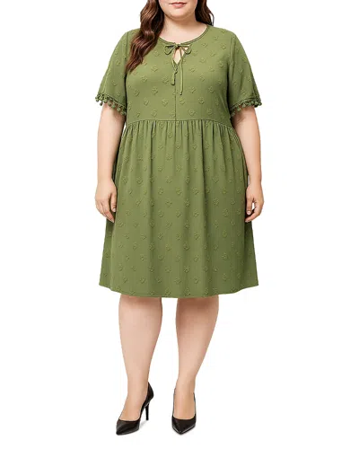 Standards & Practices Plus Tied Neck Tassel Short Sleeve Mini Dress In Green