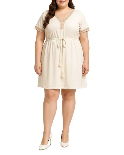 Standards & Practices Plus V Neck Lace Trim Short Sleeve Mini Dress In Neutral