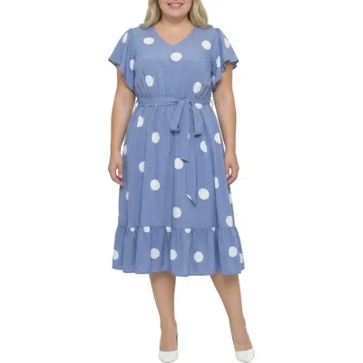 Standards & Practices Plus Polka Dot Belted Flutter Sleeve Ruffle Hem Dress In Blue