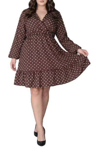 Standards & Practices Polka Dot Ruffle Hem Long Sleeve Minidress In Brown