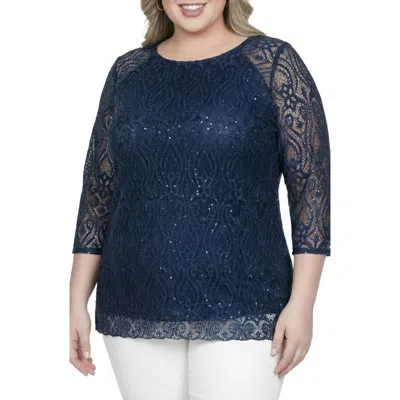 Standards & Practices Plus Floral Lace Sequins Tunic Blouse In Blue
