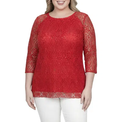 Standards & Practices Plus Floral Lace Sequins Tunic Blouse In Red