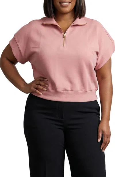 Standards & Practices Plus High Neck Half Zip Short Sleeve Top In Pink