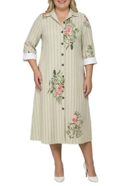Standards & Practices Stripe & Floral Midi Shirtdress In Green