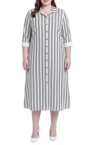 Standards & Practices Stripe Button-up Midi Shirtdress In Gray