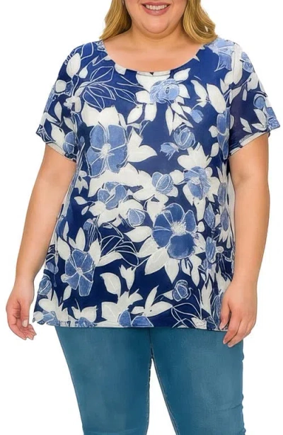 Standards & Practices Textured Floral Print Top In Blue