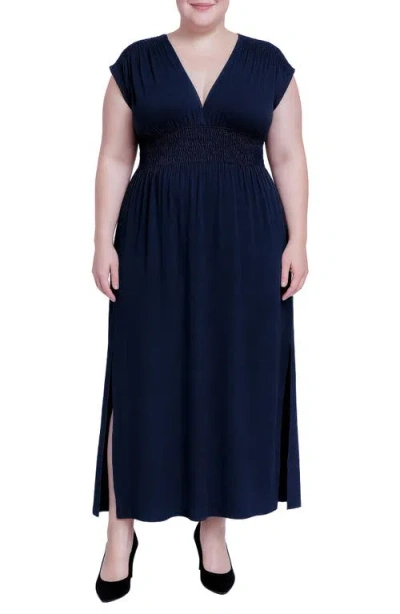 Standards & Practices V-neck Smocked Waist Midi Dress In Blue
