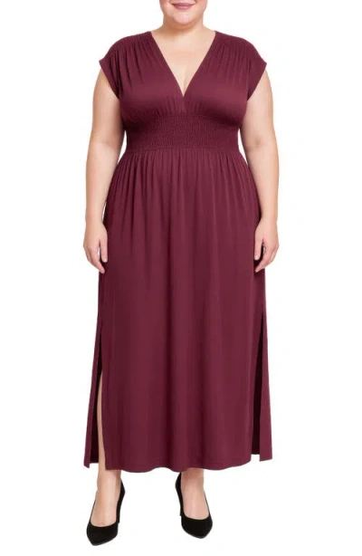 Standards & Practices V-neck Smocked Waist Midi Dress In Burgundy