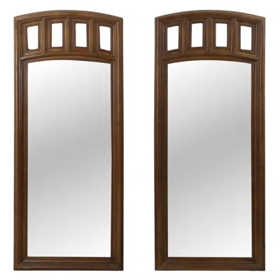 Pre-owned Stanley Furniture Pair Of Mid Century Modern Mirrors With Arch Top Frame In Brown