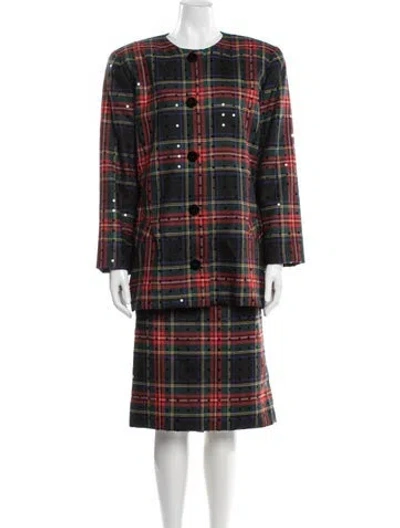 Pre-owned Stanley Platos Martin Ross Plaid Print Sequin Embellishments Skirt Suit In Red