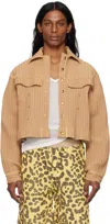Stanley Raffington Beige & Yellow Ribbed Cropped Work Jacket In Camel
