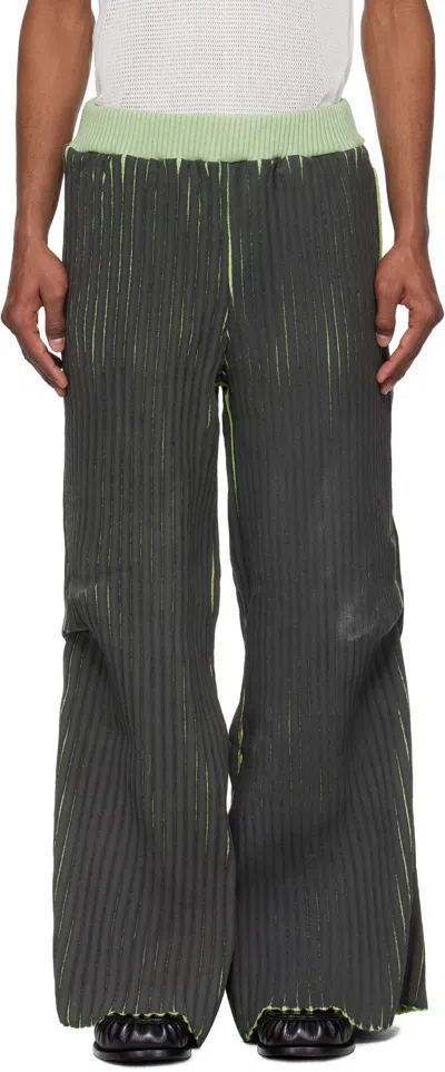 Stanley Raffington Black & Green Warped Ribbed Trousers In Black/green