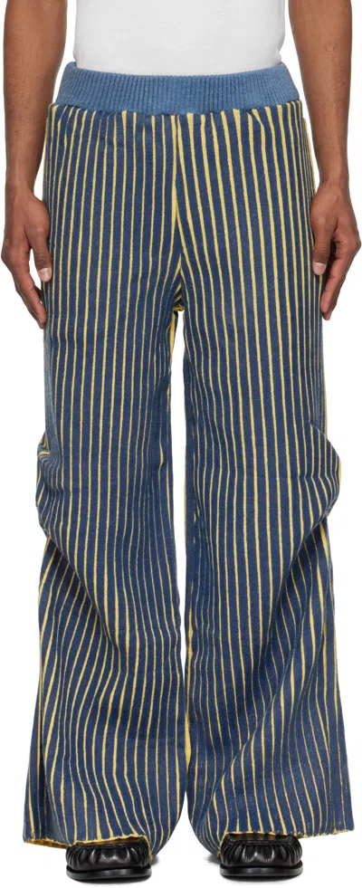 Stanley Raffington Navy & Yellow Warped Ribbed Trousers In Navy/yellow