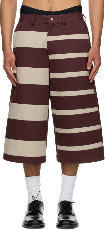 Stanley Raffington Ssense Exclusive Burgundy & Beige Contrast Stripe Bermuda Shorts In Multi