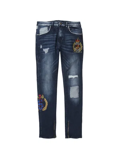 Staple Distressed Crest-embroidered Jeans In Blue