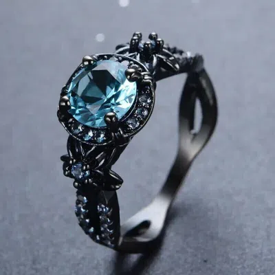 Pre-owned Star 3ct Round Cut Lab Created Blue Topaz Women Engagement Ring 14k Black Gold Plated