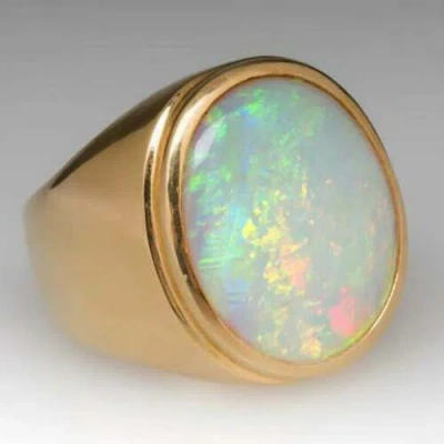 Pre-owned Starjewels 5ct Oval Cut Simulated Fire Opal 14k Yellow Gold Plated Solitaire Men's Ring In White