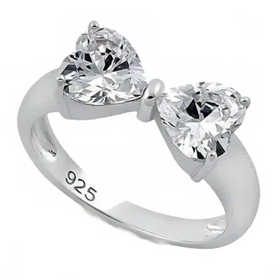 Starlette Women's Bow Ring With Heart Cubic Zirconia Stones In Silver In Metallic