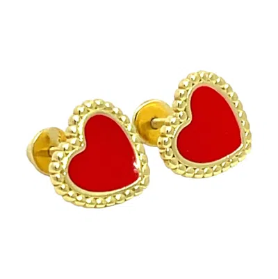 Starlette Women's Just Hearts Stud Earrings In Red Enamel Heart Studs In Gold