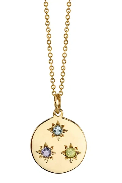 Starling Birthstone Compass Charm 3 Stone Necklace In Gold