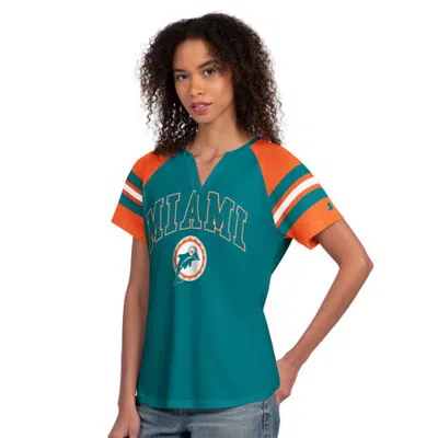 Starter Aqua Miami Dolphins Game On Notch Neck Raglan T-shirt In Green
