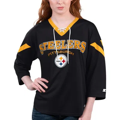 Starter Black Pittsburgh Steelers Rally Lace-up 3/4 Sleeve T-shirt
