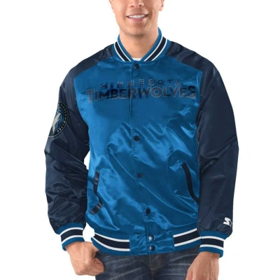 Starter Men's Blue/navy Minnesota Timberwolves Renegade Satin Full-snap Varsity Jacket In Blue,navy