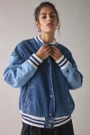 Starter Colorblock Denim Varsity Bomber Jacket In Mixed Wash, Women's At Urban Outfitters