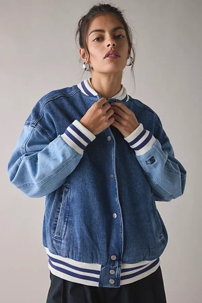 Starter Colorblock Denim Varsity Bomber Jacket In Mixed Wash, Women's At Urban Outfitters