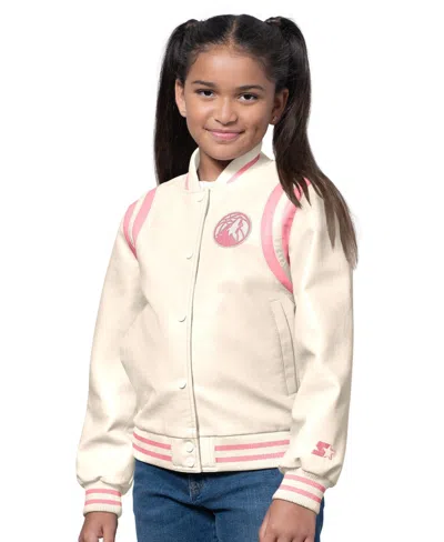 Starter Kids' Girls Cream/pink Minnesota Timberwolves Underdog Leather Varsity Jacket In Neutral