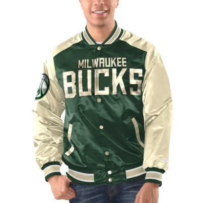 Starter Men's  Hunter Green, Cream Milwaukee Bucks Renegade Satin Full-snap Varsity Jacket In Hunter Green,cream