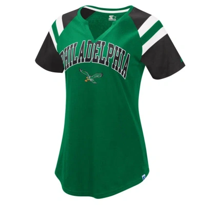Starter Women's  Kelly Green, Black Philadelphia Eagles Game On Notch Neck Raglan T-shirt In Green,black