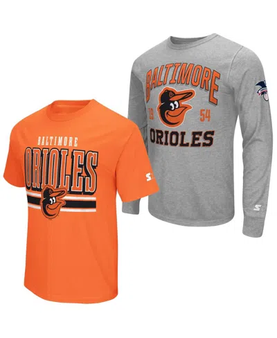 Starter Men's 2-pack Heather Gray/orange Baltimore Orioles Long Sleeve Short Sleeve T-shirt Set