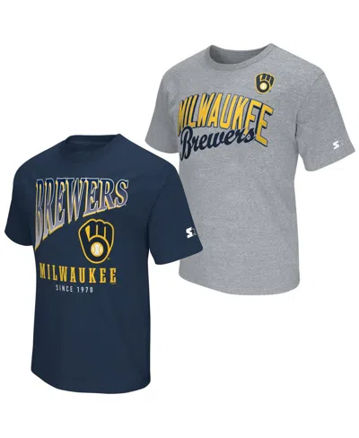 Starter Men's 2-pack Navy/heather Gray Milwaukee Brewers T-shirt Set In Multi