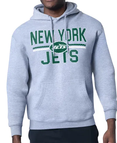 Starter Men's And Women's Heather Gray New York Jets Team Mesh Print Graphic Tri-blend Pullover Hoodie In Blue