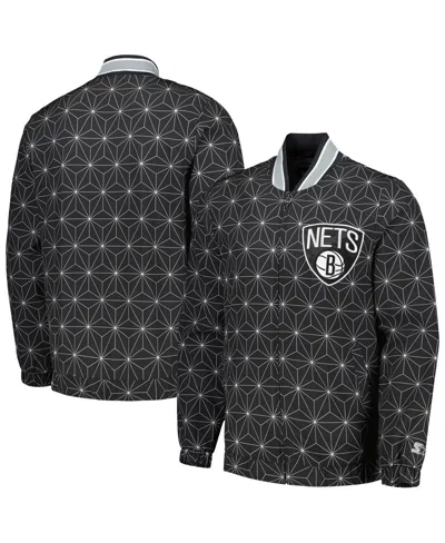 Starter Men's Black Brooklyn Nets In-field Play Fashion Satin Full-zip Varsity Jacket