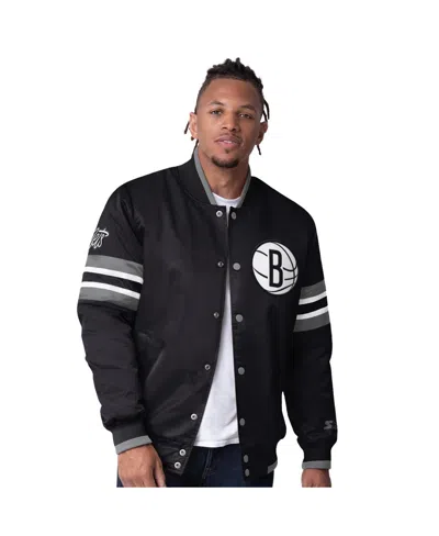 Starter Men's Black Brooklyn Nets Scout Varsity Satin Full-snap Jacket
